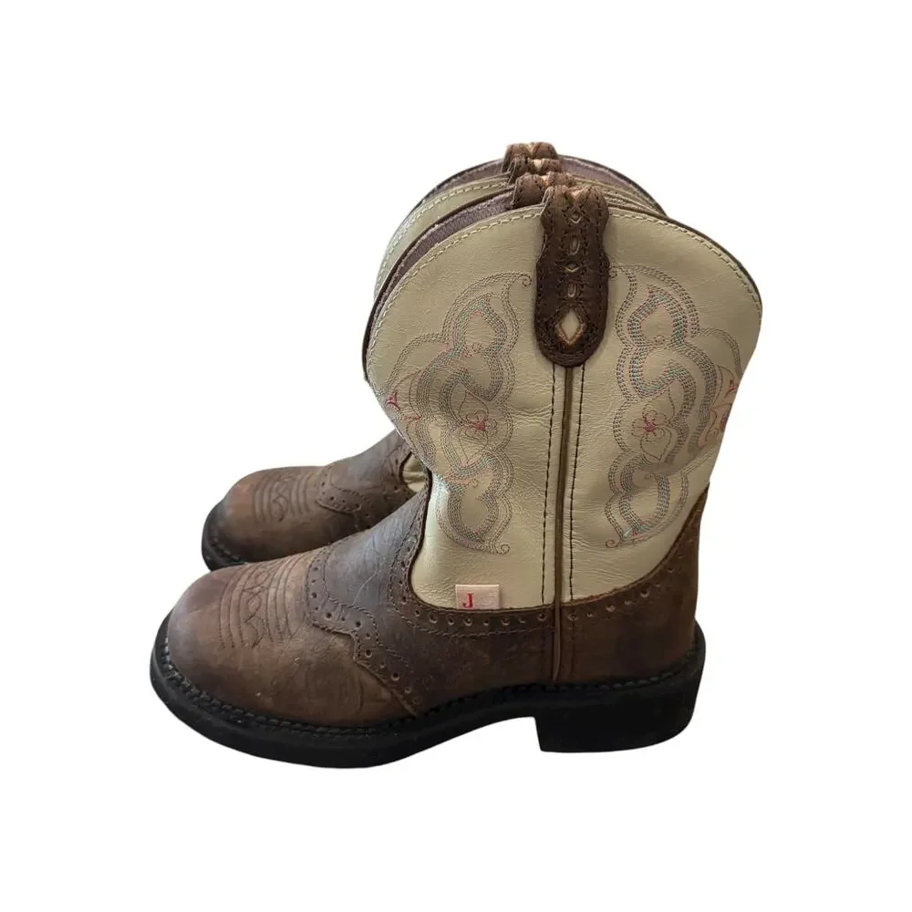 Justin Kids Western Cowboy Boots Brown Cream Embroidered Leather Size 7B